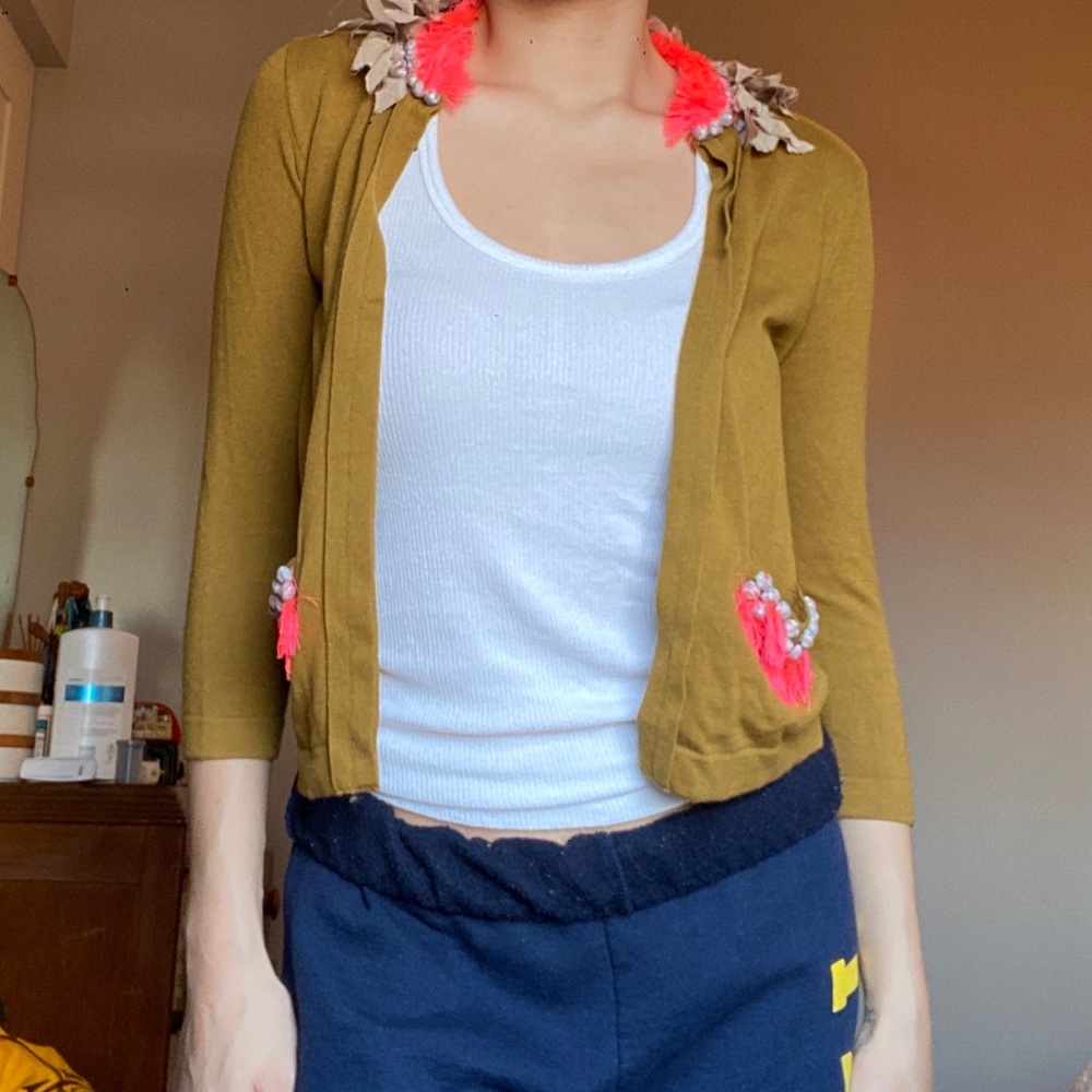 Crewcuts tan cardigan with feather detail